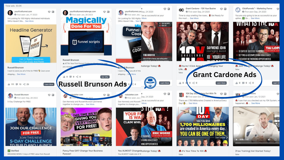 SherlockAds Images -Ad showcase - This image contains ads ran by Russell Brunson, the co-founder of Clickfunnels. The image also displays ads from Grant Cardone, the founder of 10X, and also, ads from "No BS Setter"